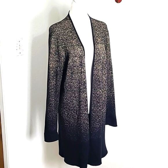 Rafaella Sweaters - Rafaella Black & Metallic Gold Long Cardigan, Size Large